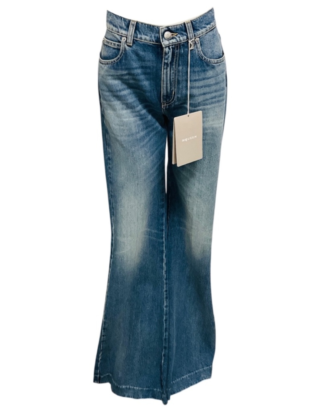 MCQUEEN BLUE DENIM HIGH RISE BOOTCUT JEANS